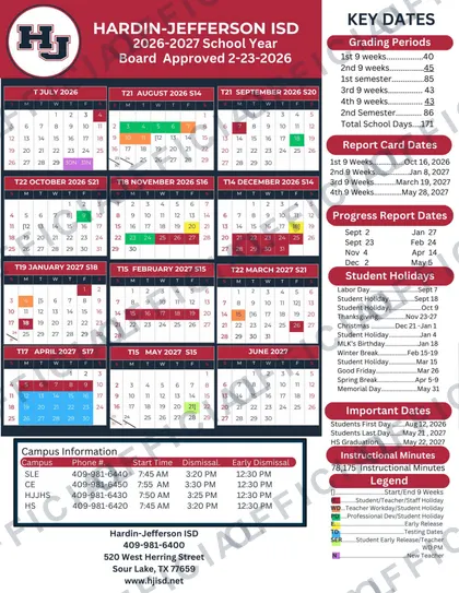 Hardin-Jefferson ISD 2026-27 calendar