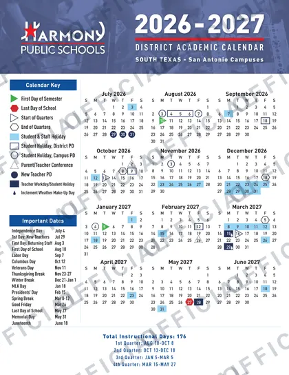 Harmony Public Schools 2026-27 calendar