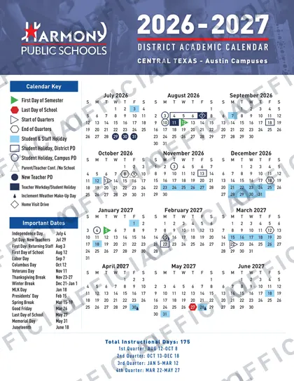 Harmony Public Schools All Regions 2026-27 calendar