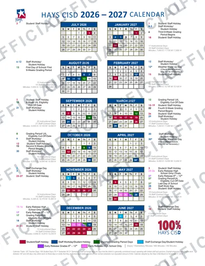 Hays CISD 2026-27 calendar