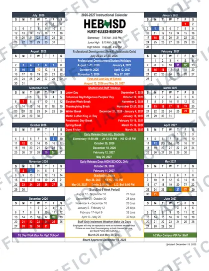 Hurst Euless Bedford HEB ISD 2026-27 calendar