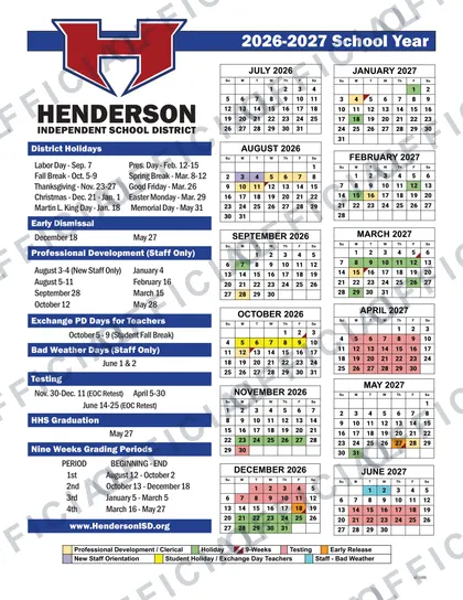 Henderson Independent School District 2026-27 calendar