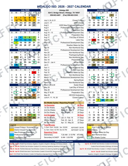 Hidalgo ISD 2026-27 calendar