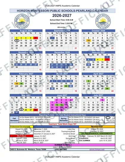 HORIZON MONTESSORI PUBLIC SCHOOLS-PEARLAND 2026-27 calendar