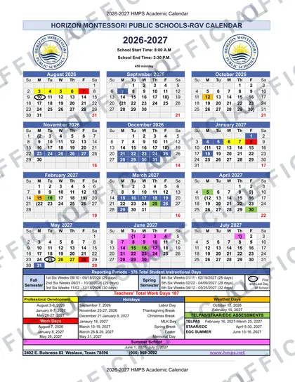 HORIZON MONTESSORI PUBLIC SCHOOLS-RGV 2026-27 calendar