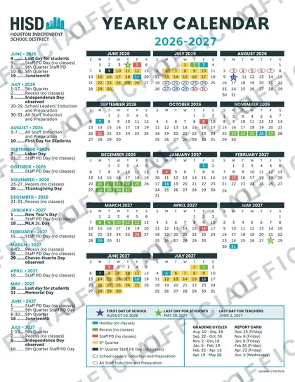 Houston Independent School HISD 2026-27 calendar