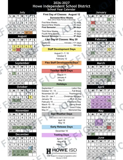 Howe Independent School District ISD 2026-27 calendar