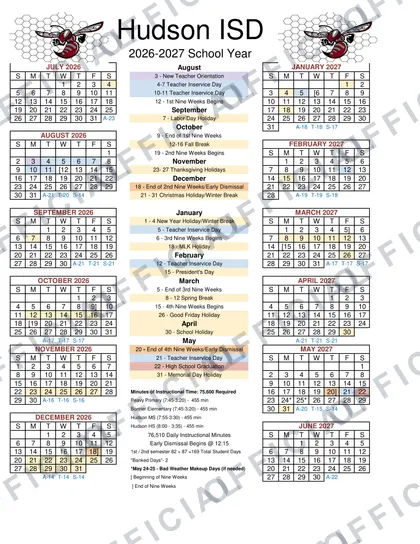 Hudson ISD 2026-27 calendar