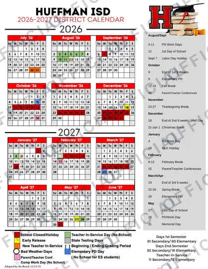 Huffman ISD 2026-27 calendar