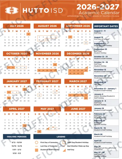 Hutto ISD 2026-27 calendar