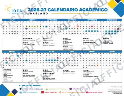 IDEA Public Schools Lakeland 2026-27 calendar
