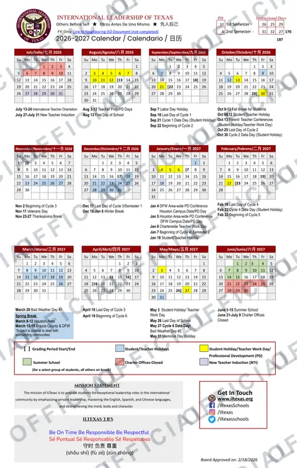 International Leadership of Texas 2026-27 calendar