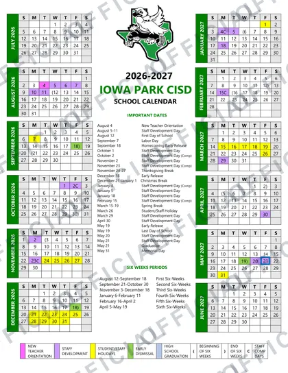 IOWA PARK CISD 2026-27 calendar