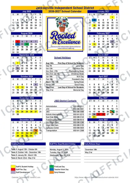 Jacksonville ISD Independent School District 2026-27 calendar