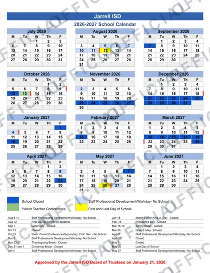 Jarrell Independent School District jISD 2026-27 calendar