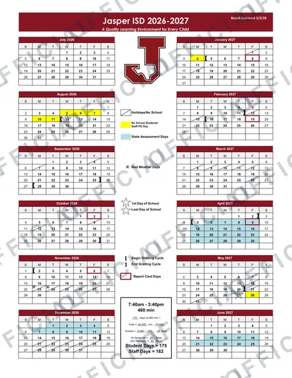Jasper ISD 2026-27 calendar
