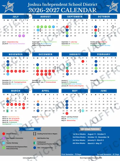 Joshua isd Independent School District 2026-27 calendar