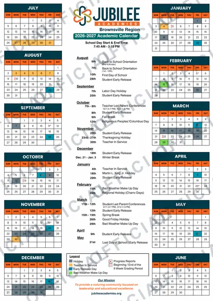 Jubilee Academies Brownsville Region 2026-27 calendar