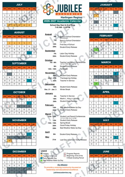 Jubilee Academies Harlingen Region 2026-27 calendar