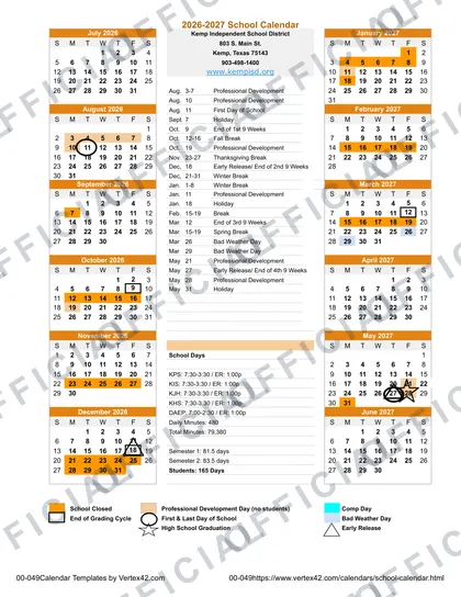 Kemp Independent School District 2026-27 calendar