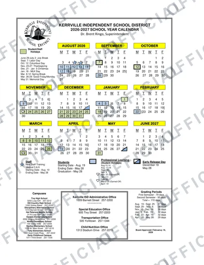 Kerrville Independent School District 2026-27 calendar