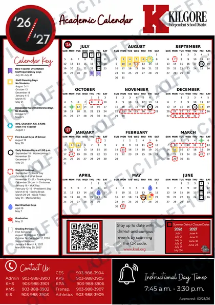 Kilgore Isd 2026-27 calendar