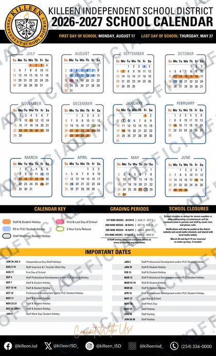 Killeen Independent School District 2026-27 calendar