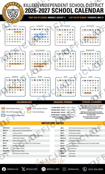 Killeen ISD School 2026-27 calendar