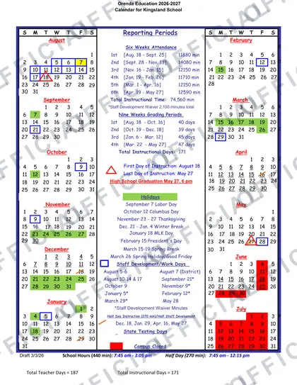 Kingsland School 2026-27 calendar
