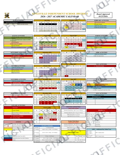 Kingsville Independent School District 2026-27 calendar