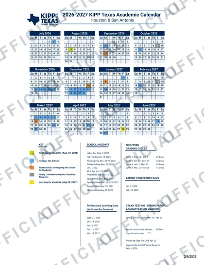 KIPP Houston & San Antonio 2026-27 calendar