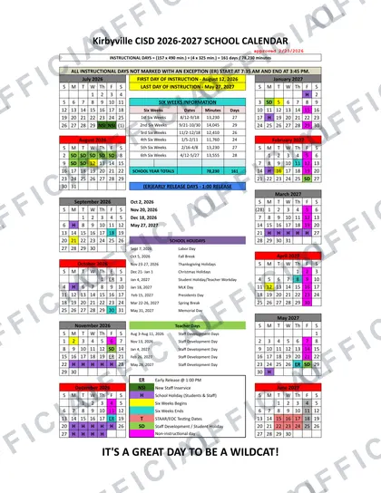 Kirbyville CISD 2026-27 calendar