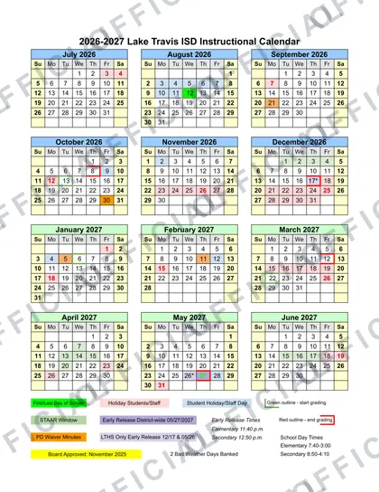 Lake Travis ISD 2026-27 calendar