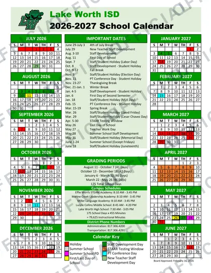 Lake Worth ISD 2026-27 calendar