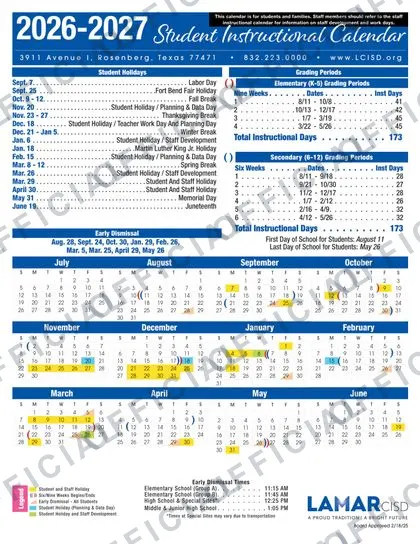 Lamar LCISD 2026-27 calendar