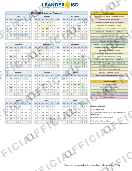 Leander ISD 2026-27 calendar