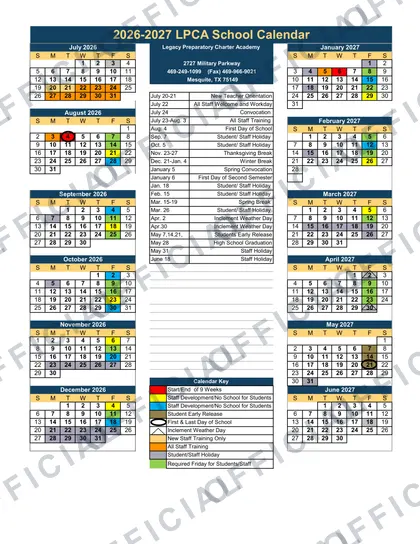 Legacy Preparatory Charter Academy 2026-27 calendar