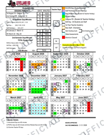 Levelland ISD 2026-27 calendar