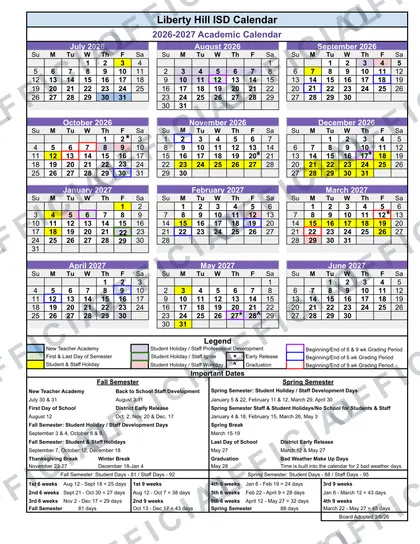 Liberty Hill ISD 2026-27 calendar