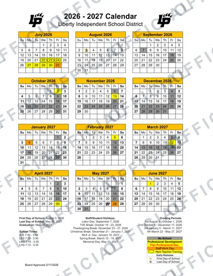 Liberty ISD 2026-27 calendar