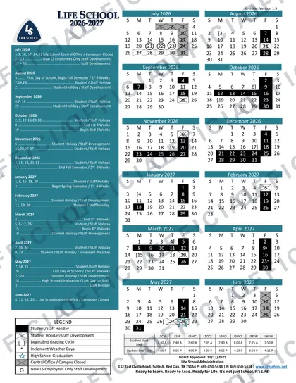 Life School District 2026-27 calendar
