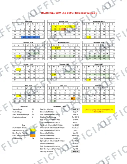 LISD District 2026-27 calendar