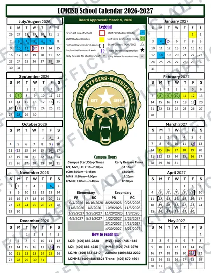 Little Cypress-Mauriceville LCMCISD 2026-27 calendar