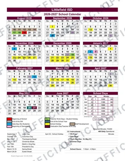 Littlefield ISD 2026-27 calendar