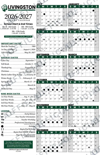 Livingston Independent School District ISD 2026-27 calendar
