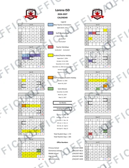 Lorena ISD 2026-27 calendar