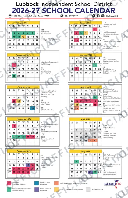 Lubbock Independent School District 2026-27 calendar