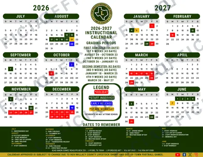 Lyford Consolidated Independent School District 2026-27 calendar