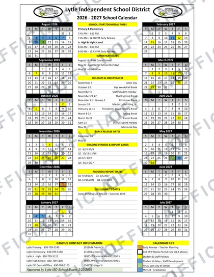 Lytle ISD 2026-27 calendar