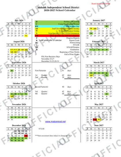 Mabank Independent School District 2026-27 calendar